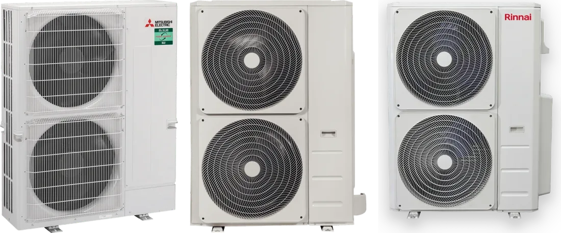 Mitsubishi Electric, Carrier and Rinnai whole-home air-conditioning outdoor units
