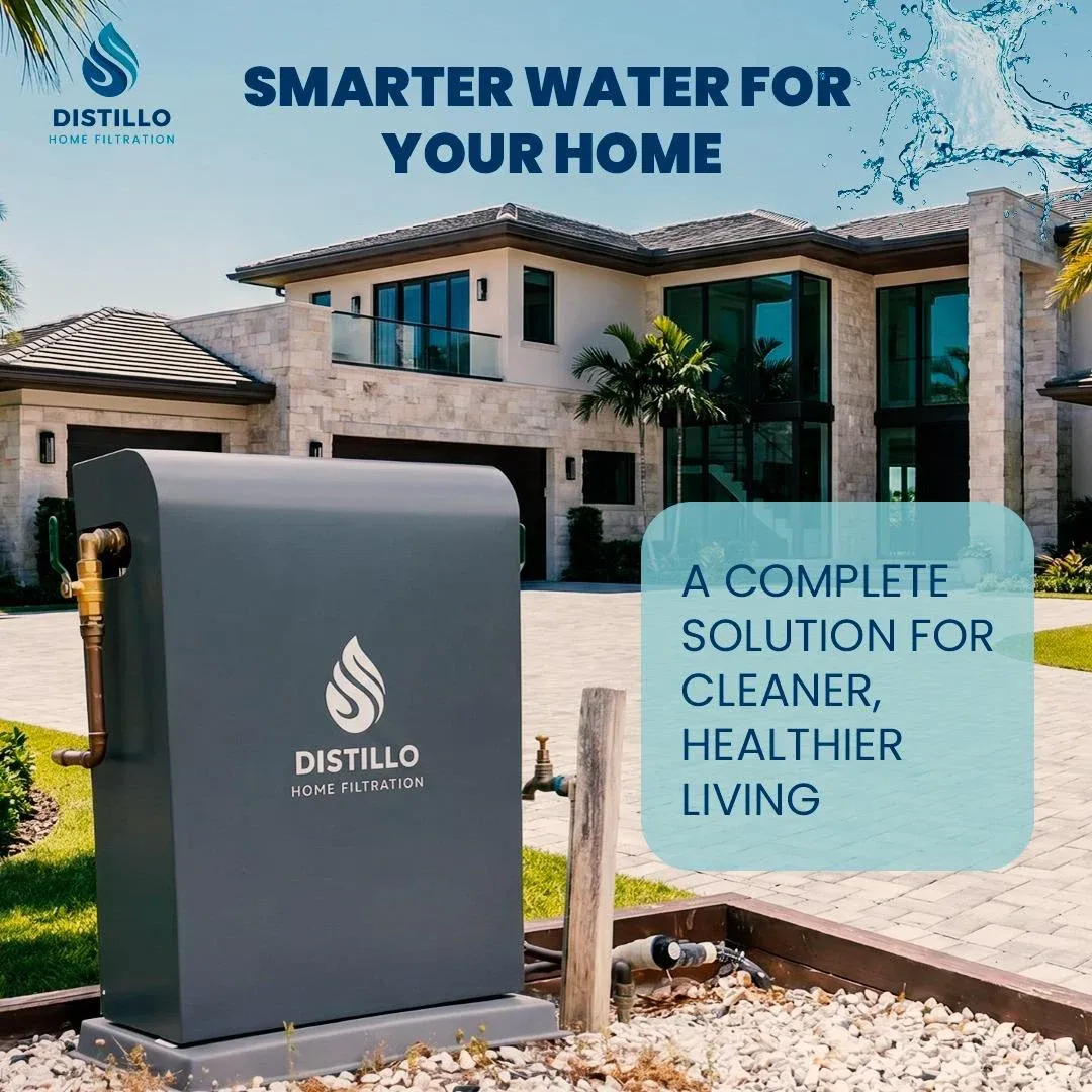 Distillo whole-home filtration cabinet outside a home: Smarter water for your home