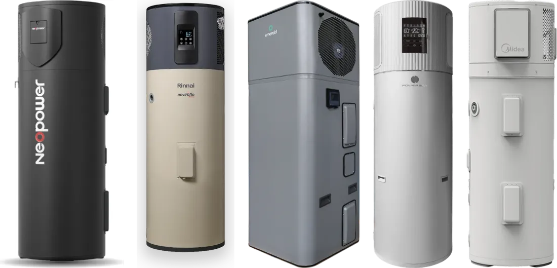 Neopower, Rinnai, Emerald, Powerbay and Midea heat pump hot water systems