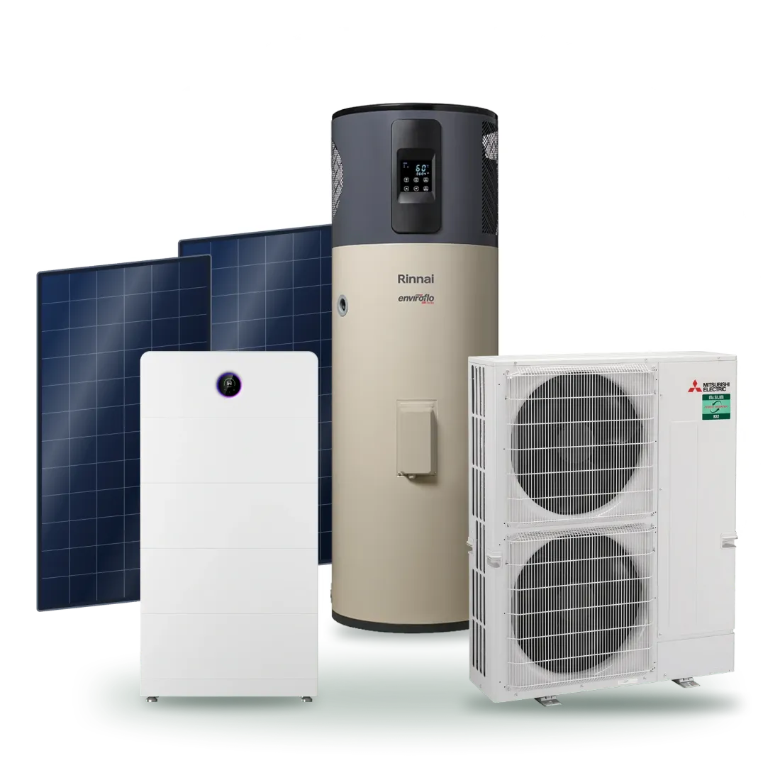 Solar panels with a GoodWe home battery, and a Rinnai heat pump hot water system with a Mitsubishi Electric air-conditioning outdoor unit