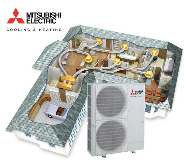Mitsubishi Electric cutaway of a home with ducts in the roof carrying air to a vent in every room