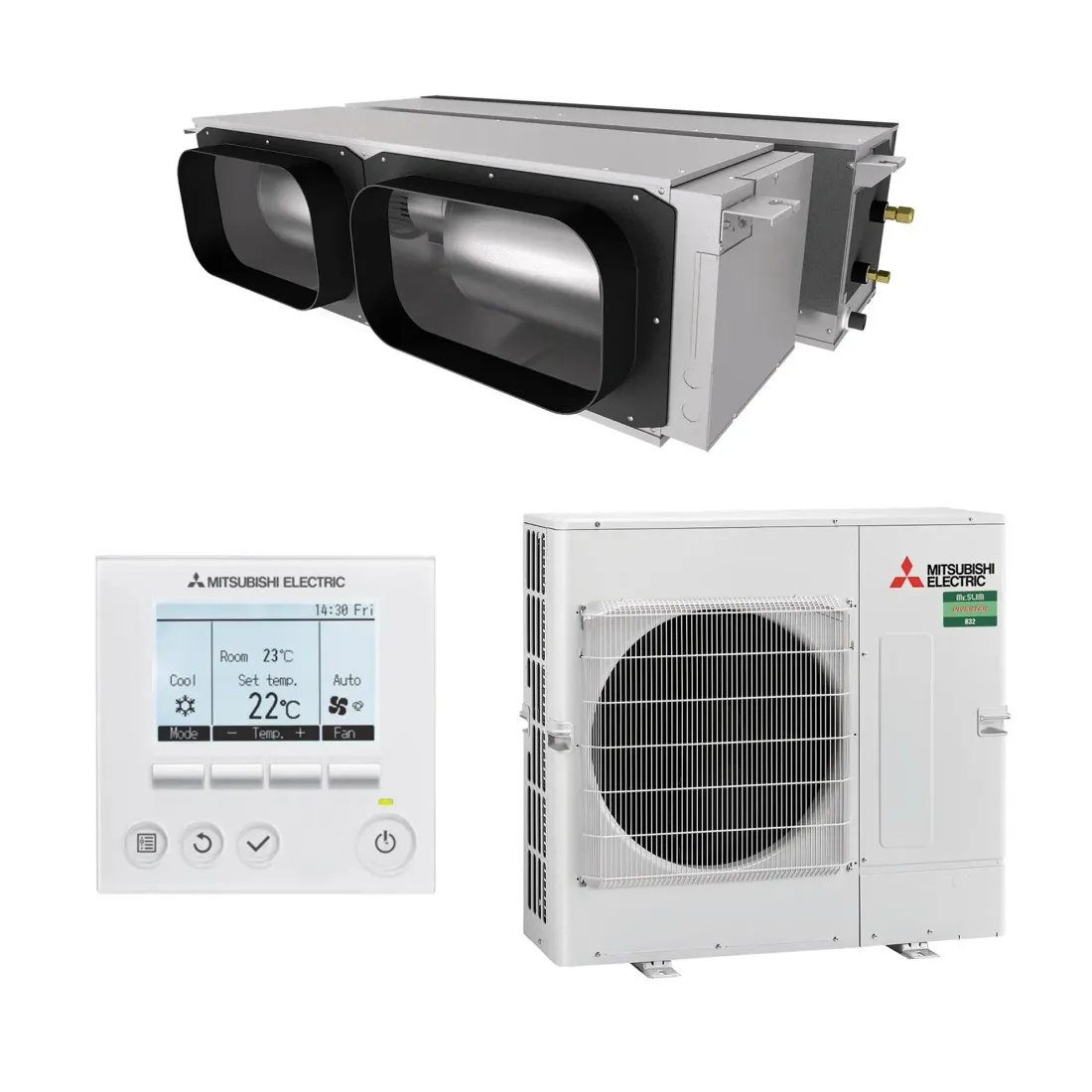 Mitsubishi Electric refrigerated system: roof-space indoor unit, wall controller and outdoor unit