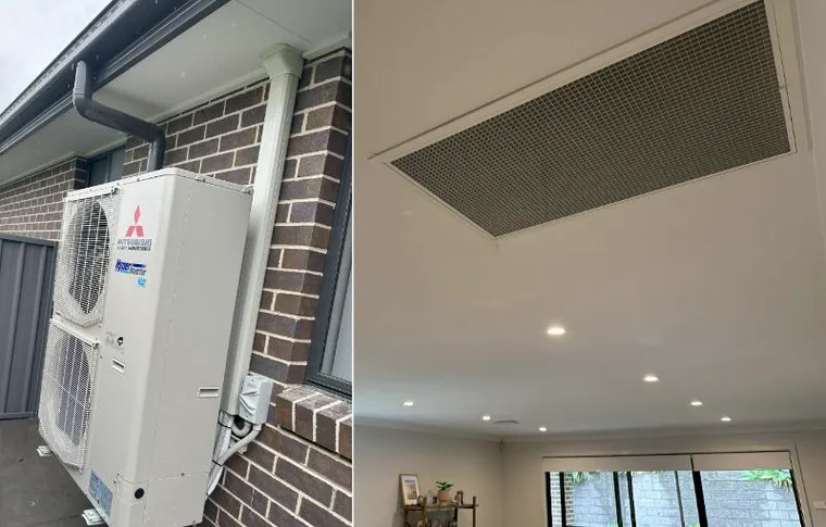 An installed outdoor unit beside a brick house, and the return air grille in a living room ceiling