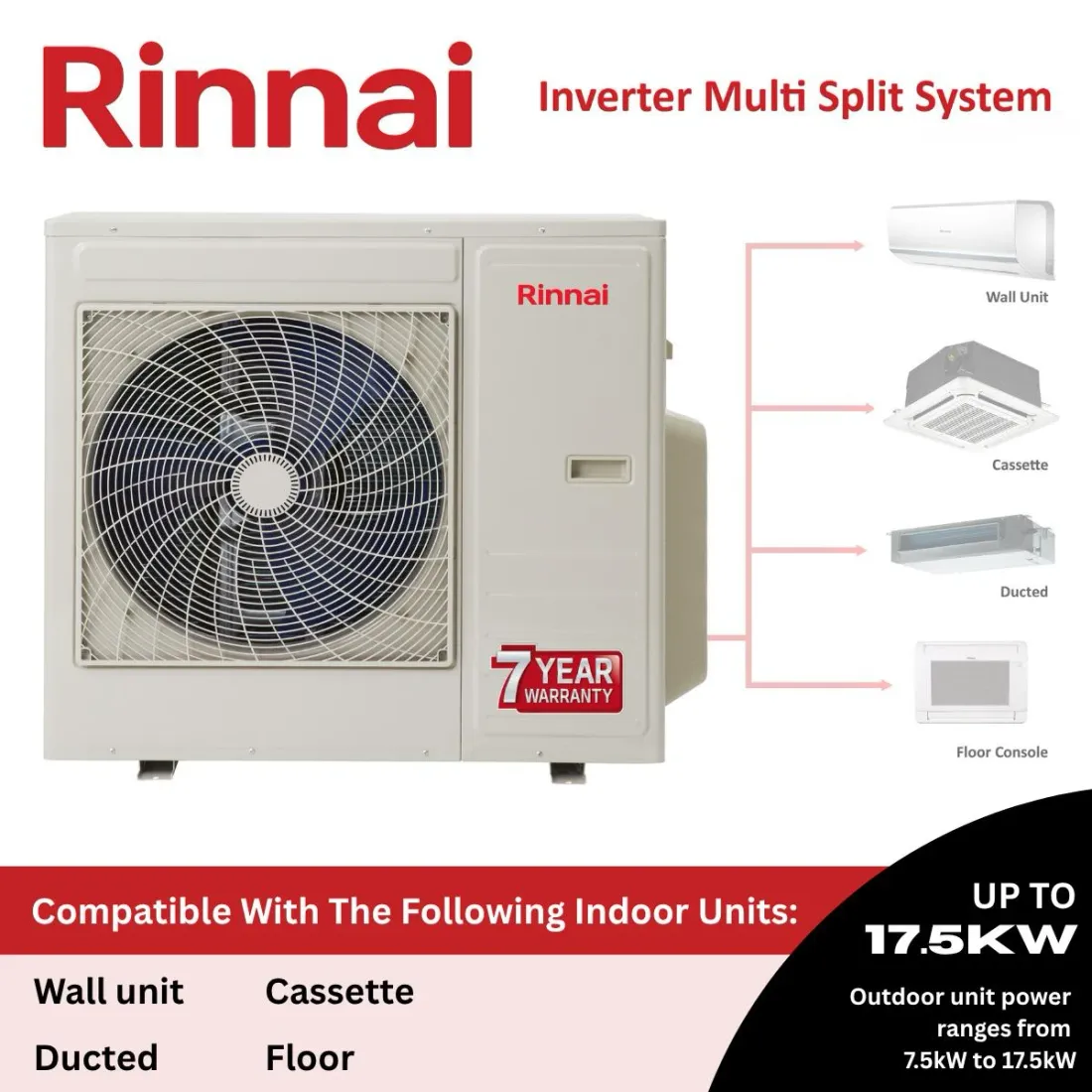 Rinnai inverter multi head system: one outdoor unit that connects to wall, cassette, ducted and floor indoor units