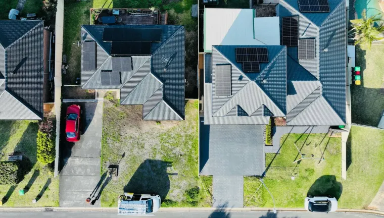 Aerial view of rooftop solar on suburban homes