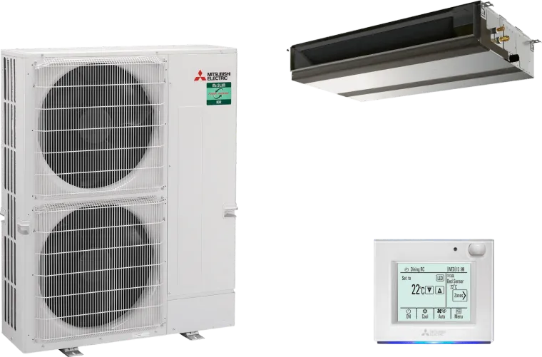 Mitsubishi Electric whole-home system: outdoor unit, roof-space indoor unit and zone controller